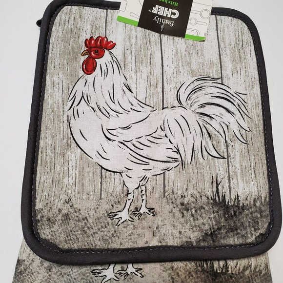 Rooster decor Kitchen Set, 5-pc, Towels Potholders Mitt, French Country Chicken - Picture 3 of 5